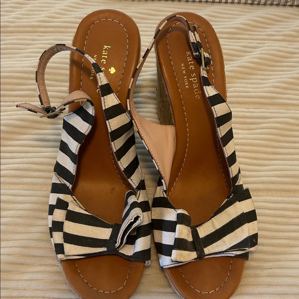 Kate Spade Black and White Striped Wedge Sandals size 9.5